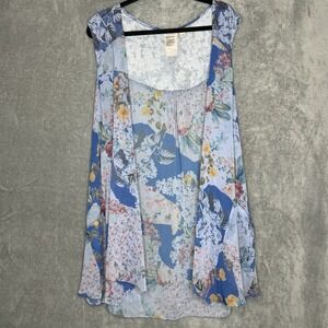 Logo Lori Goldstein 3X Kimono Top Blue Floral Flower Sleeveless Open Front Sheer